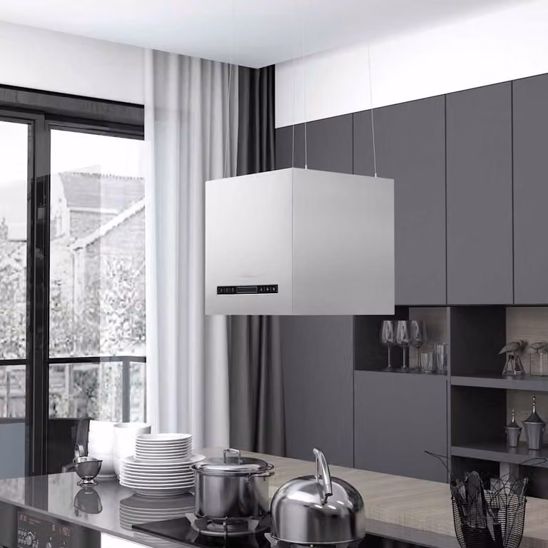 Cappa da cucina ad isola sospesa vidaXL in acciaio inossidabile argento con display LCD e sensore, sistema a ricircolo con carboni attivi e timer