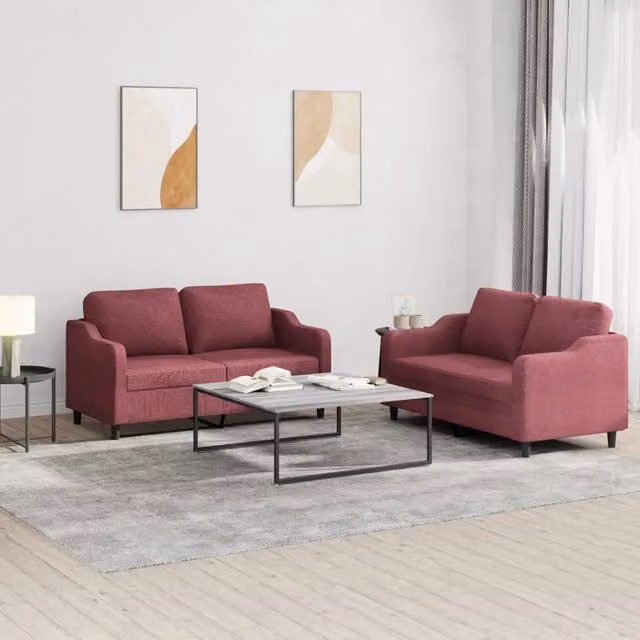 Set di Divani 2 pz con Cuscini Rosso Vino in Tessuto 3201808