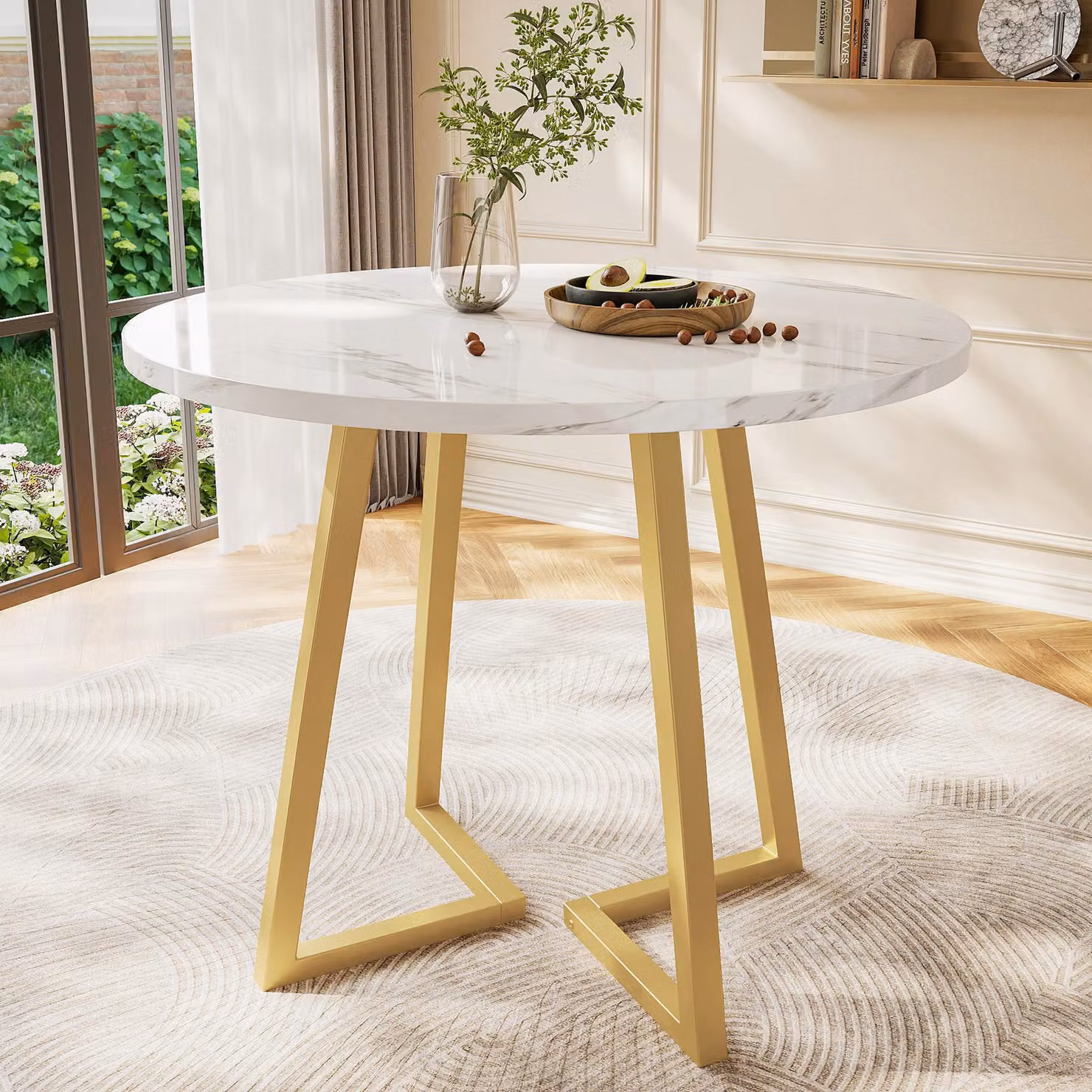 Tavolo da pranzo rotondo Fortuna Lai (1 pezzo), tavolo da cucina, struttura in metallo unica, tavolo da pranzo con moderno motivo marmorizzato, adatto per sala da pranzo, soggiorno, bianco/oro