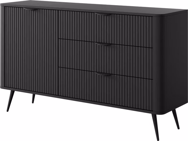 Comodà Masseno LANTANA 138 cm, credenza con 3 cassetti e 1 anta per soggiorno e camera da letto, stile moderno, 138x38x81 cm, nero / nero