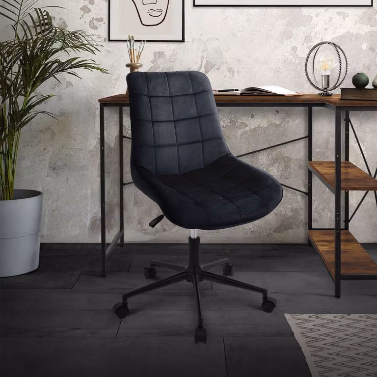 Sedia da ufficio ML-Design in velluto nero con struttura in metallo; sedia imbottita con schienale regolabile in altezza e rotante a 360°, ergonomica, ideale per l'home office o l'ufficio