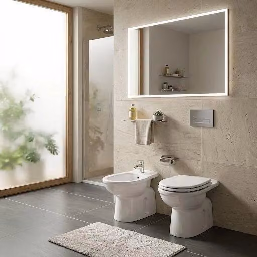 Sanitari a pavimento con scarico a muro Karla Rak Ceramics: WC, Bidet, Copriwater Bianco