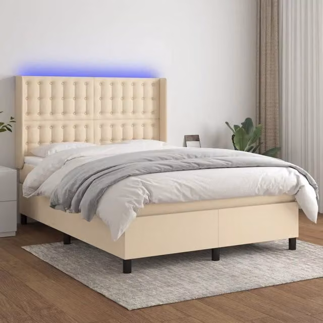 Letto Ibrido con Materasso a Molle Insacchettate vidaXL, Colore Beige e Bianco, con Illuminazione LED Sotto il Letto e Porta USB, L/P: 140 x 190 cm
