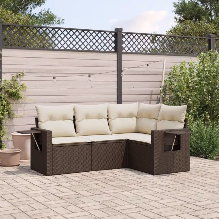 vidaXL Set Divano da Giardino a L 4 pz in Polyrattan Marrone con Cuscini e Tavolino