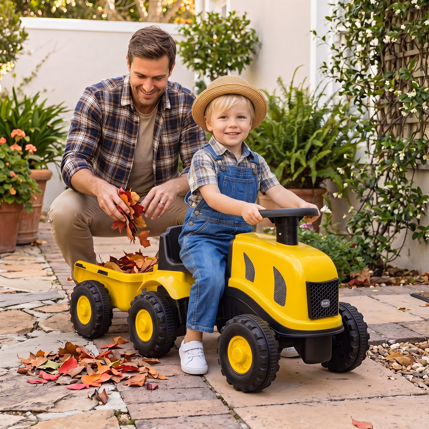 Trattore cavalcabile Costway con rimorchio rimovibile, clacson e cruscotto per bambini, Giallo