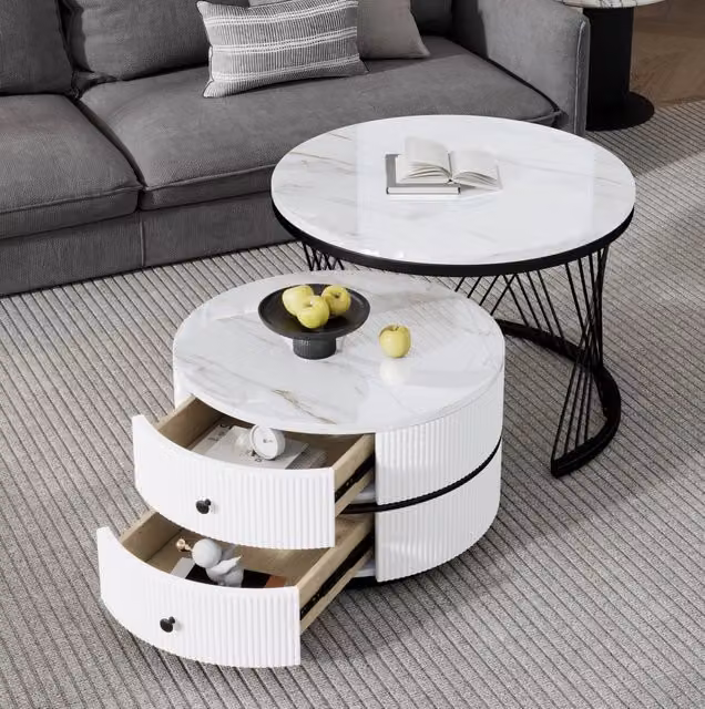 Set di 2 Tavolini da Salotto Bianchi con Effetto Marmo Lucido, 60x60x46 cm e 50x50x31 cm, con 2 Cassetti
