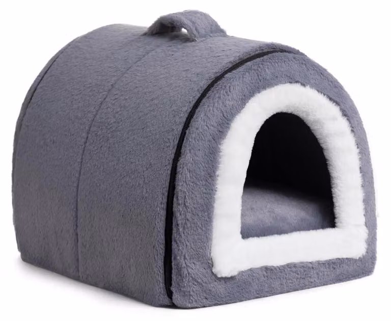 Cuccia per gatti, lettino per cani 2-in-1, pieghevole, in peluche, color grigio scuro-blu, dimensioni 42x35x35 cm