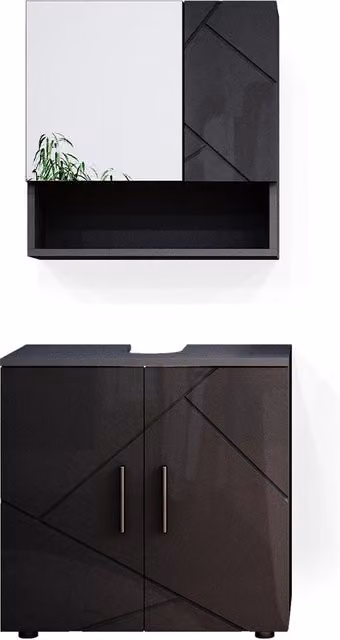 Set mobili bagno Vicco Irma Antracite lucido composto da 2 pezzi con mobile lavabo e pensile specchio