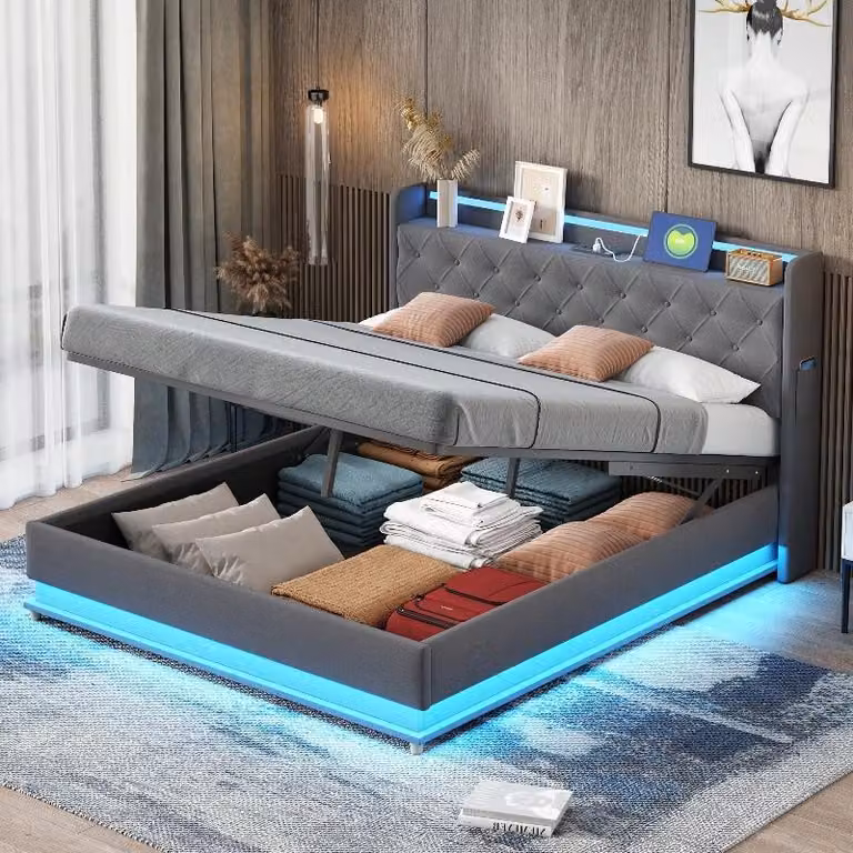 Letto imbottito LED 160x200 cm con porta USB e spazio contenitore ad apertura idraulica, letto grigio in tessuto di lino con struttura a rete metallica, ideale per la camera da letto