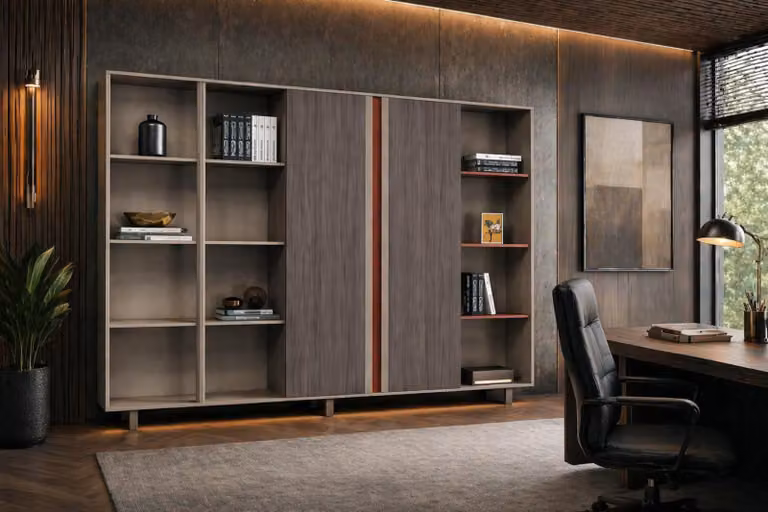 Libreria robusta color marrone, esclusivo mobile contenitore in legno