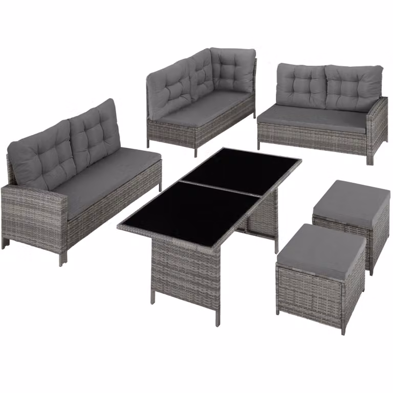 Set da salotto componibile Tectake Barletta in rattan con telaio in acciaio e cuscini grigi per esterno
