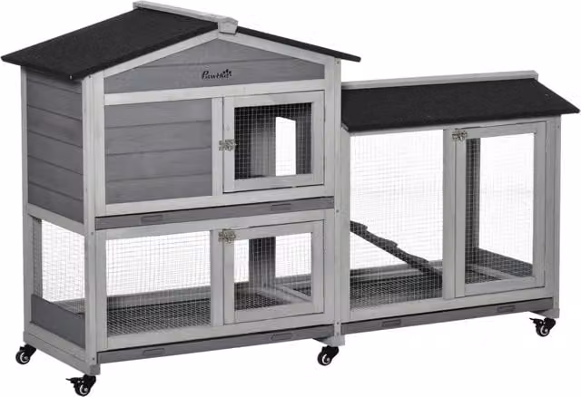 Gabbia per conigli XYLO a 2 piani in legno massello con tetto impermeabile, grigio, L 157 x P 53 x H 99 cm – 1