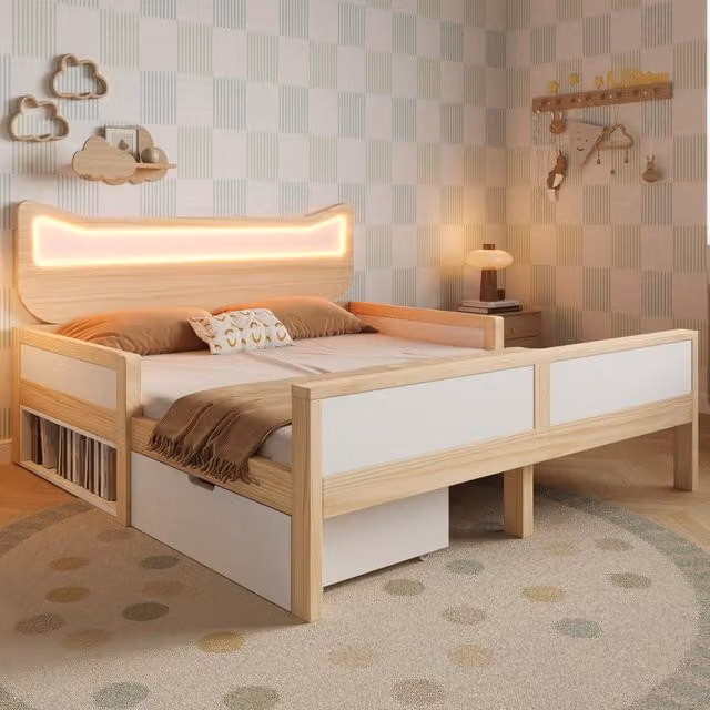 Letto per bambini 140 × 200 cm con testiera gatto, LED RGB, cassetto e vano reversibili, senza materasso, bianco rovere