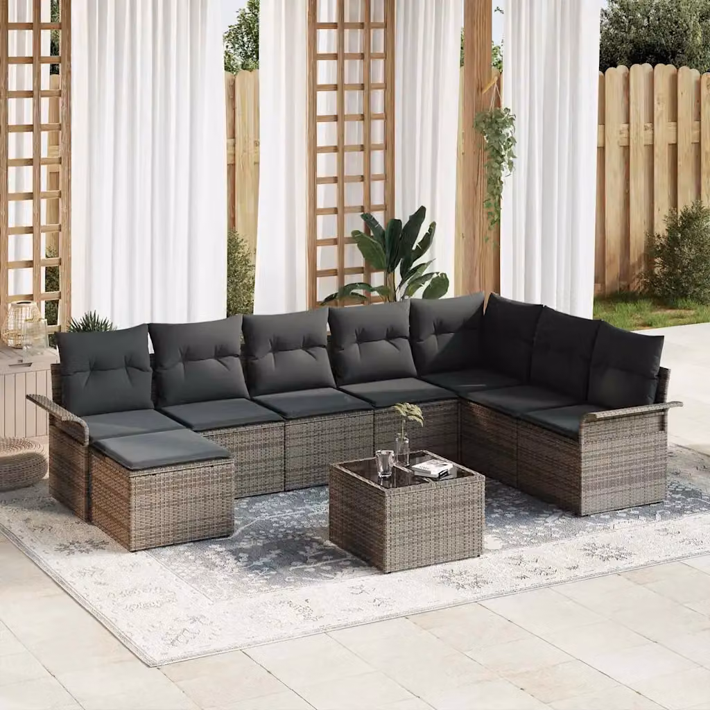Set Divano da Giardino vidaXL 9 Pezzi in Rattan con Cuscini e Tavolino Nero e Grigio – 1