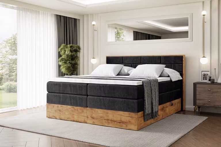 Letto boxspring ALTDECOR con materasso e rete a doghe, topper, letto imbottito con contenitore, letto con vano portaoggetti, materassi H3 e H4, letto matrimoniale, letto boxspring - LOLLI8 KING - 180x200 - Nero Casablanca