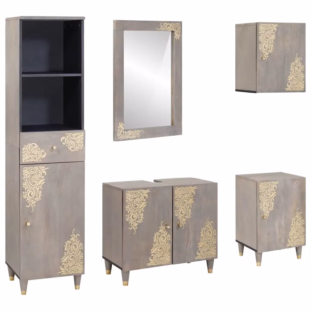 vidaXL Set di 5 mobili da bagno in legno di mango massello stile rustico, colore grigio e oro, L: 62 cm, P: 33 cm, H: 58 cm