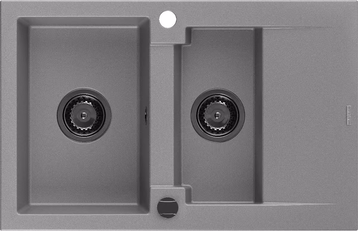 Mexen Gaspar lavello in granito 1,5 vasche con sgocciolatoio 737 x 475 mm, grigio, sifone nero - 6507731505-71-B