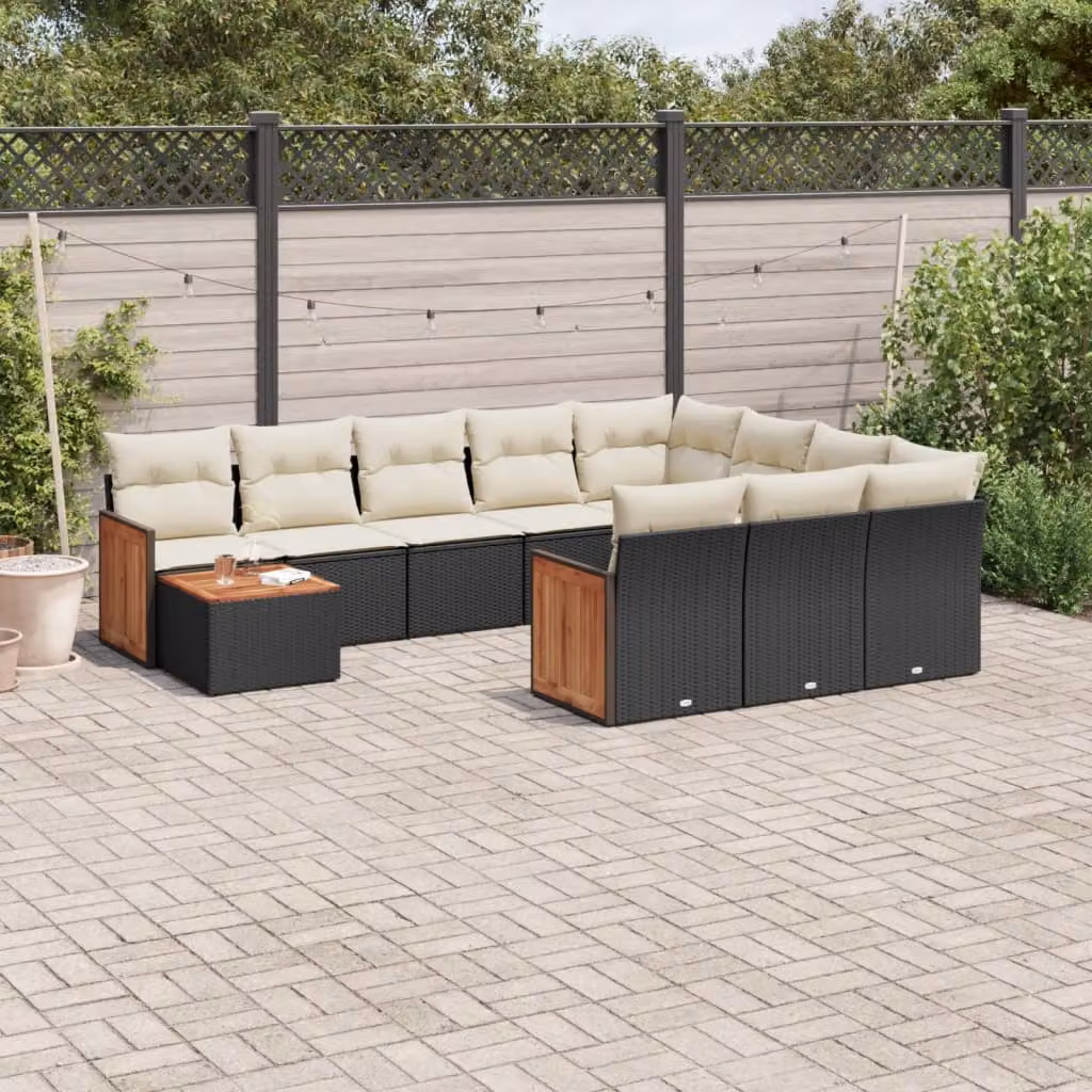 Set di divani da giardino vidaXL 11 pz in polyrattan nero con cuscini e tavolino da esterno a forma di L – 1