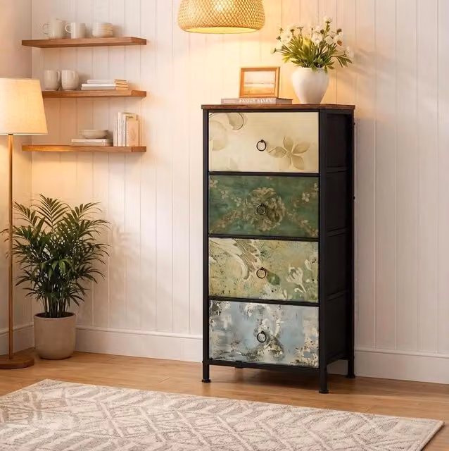 Mobile contenitore ULEVR 45x94,5x30 cm con 4 cassetti in tessuto, struttura in metallo e legno, marrone con motivo floreale
