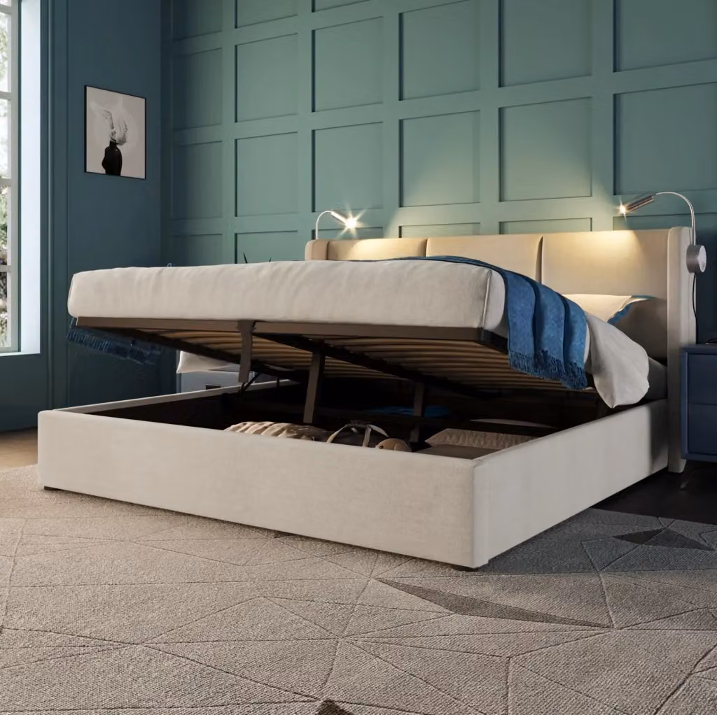 Letto matrimoniale MODFU con contenitore e luce da lettura USB, imbottito in tessuto beige, L/P/H: 160 x 200 x 107 cm – 2