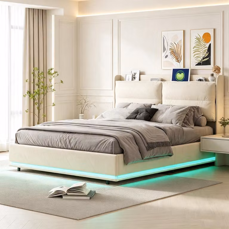 Letto matrimoniale con boxspring, dimensioni 140x200 cm, con meccanismo a sollevamento idraulico, imbottitura, luci LED e prese USB/C. Letto matrimoniale, letto in legno, letto per ragazzi, rivestito in velluto, colore beige.