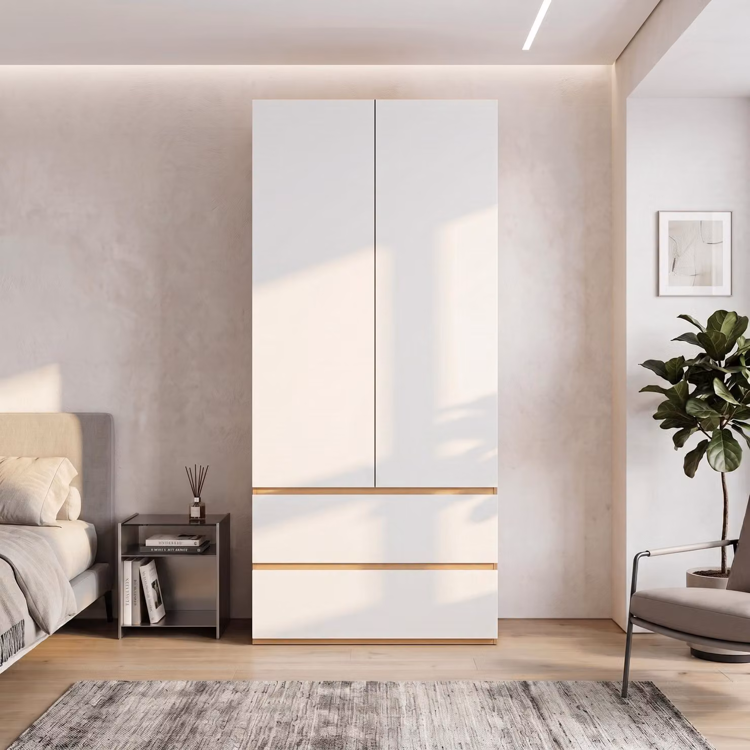 Armadio 90x50x200, con vano portaoggetti superiore, 1 asta appendiabiti, 2 cassetti, 2 ante, design moderno