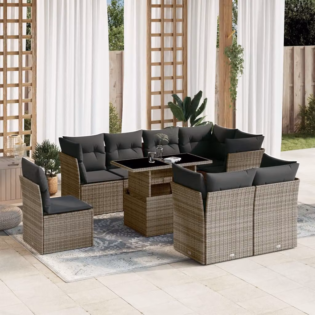 vidaXL Set Divano da Giardino 9 pz a Forma a L con Cuscini Grigio in Polyrattan e Struttura in Acciaio – 1