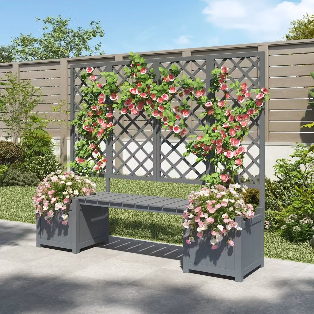 Vaso per piante con traliccio e seduta Minimal in legno di abete grigio per giardino e terrazzo H: 145 cm, L: 42 cm, P: 42 cm – 2