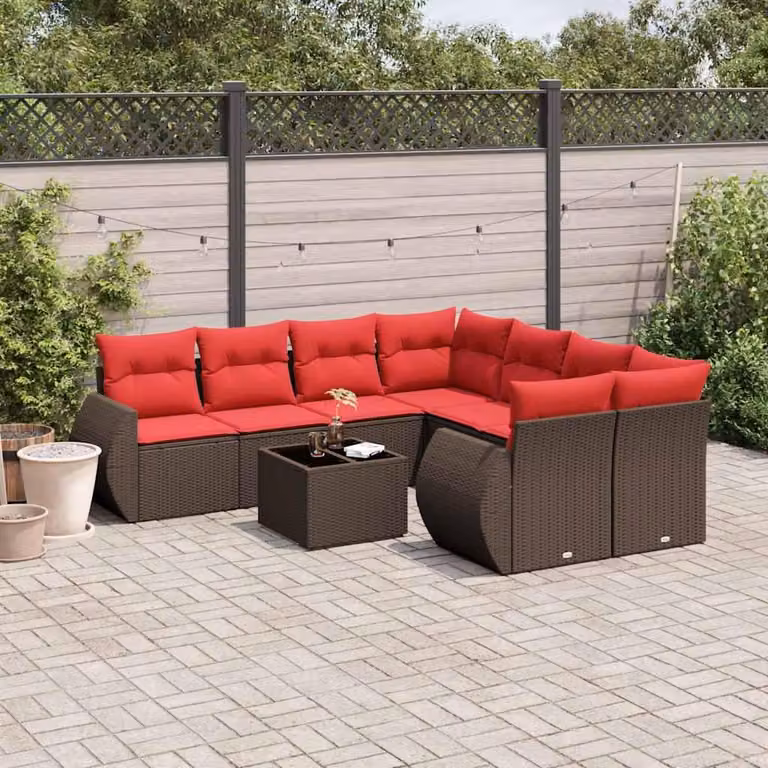 Maison Exclusive - Set divano da giardino 9 pezzi con cuscini, marrone, polyrattan