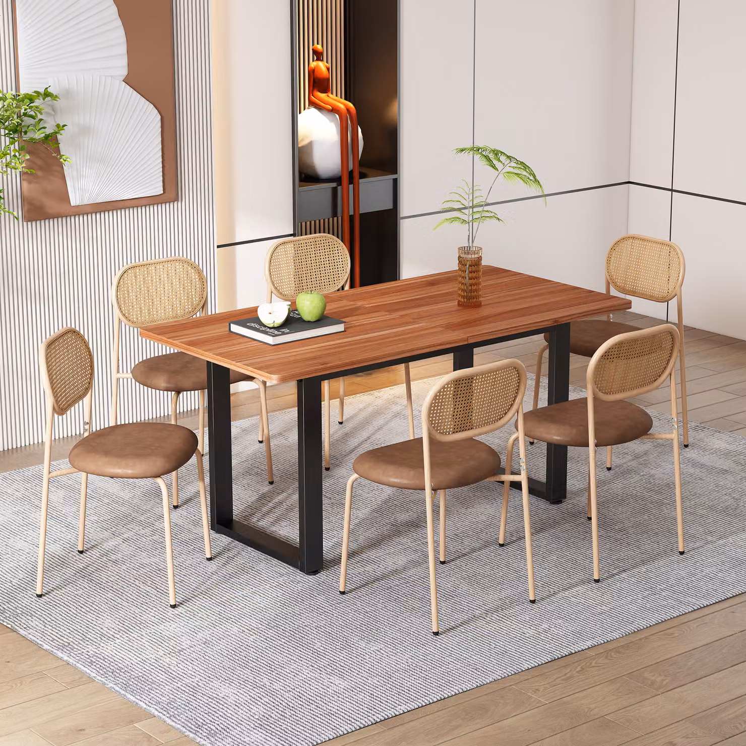 Set di 6 sedie da pranzo in rattan Flieks, sedie da cucina sedia da pranzo con gambe in metallo, sedie da sala da pranzo sedia da soggiorno con rivestimento in PU, marrone
