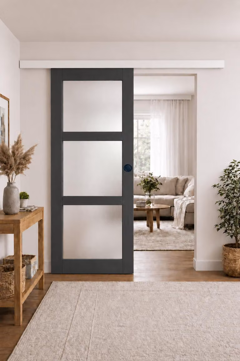 Porta scorrevole Blakeria con vetrata grigia antracite H204 x L73 cm, binario in alluminio con fascia bianca, conchiglie nere GD MENUISERIES