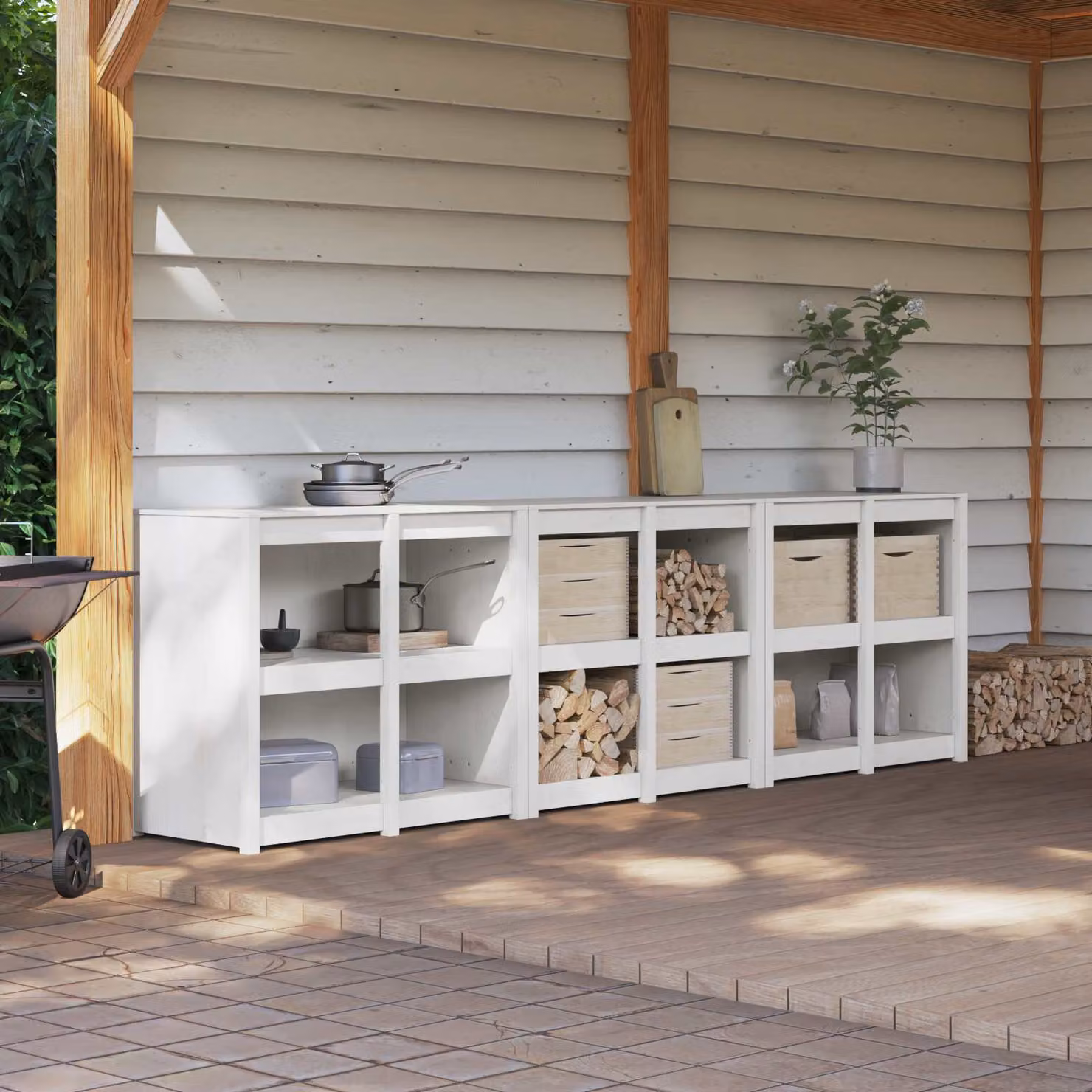 Set di mobili da cucina da esterno vidaXL MEPPEL in legno di pino bianco, 3 pezzi