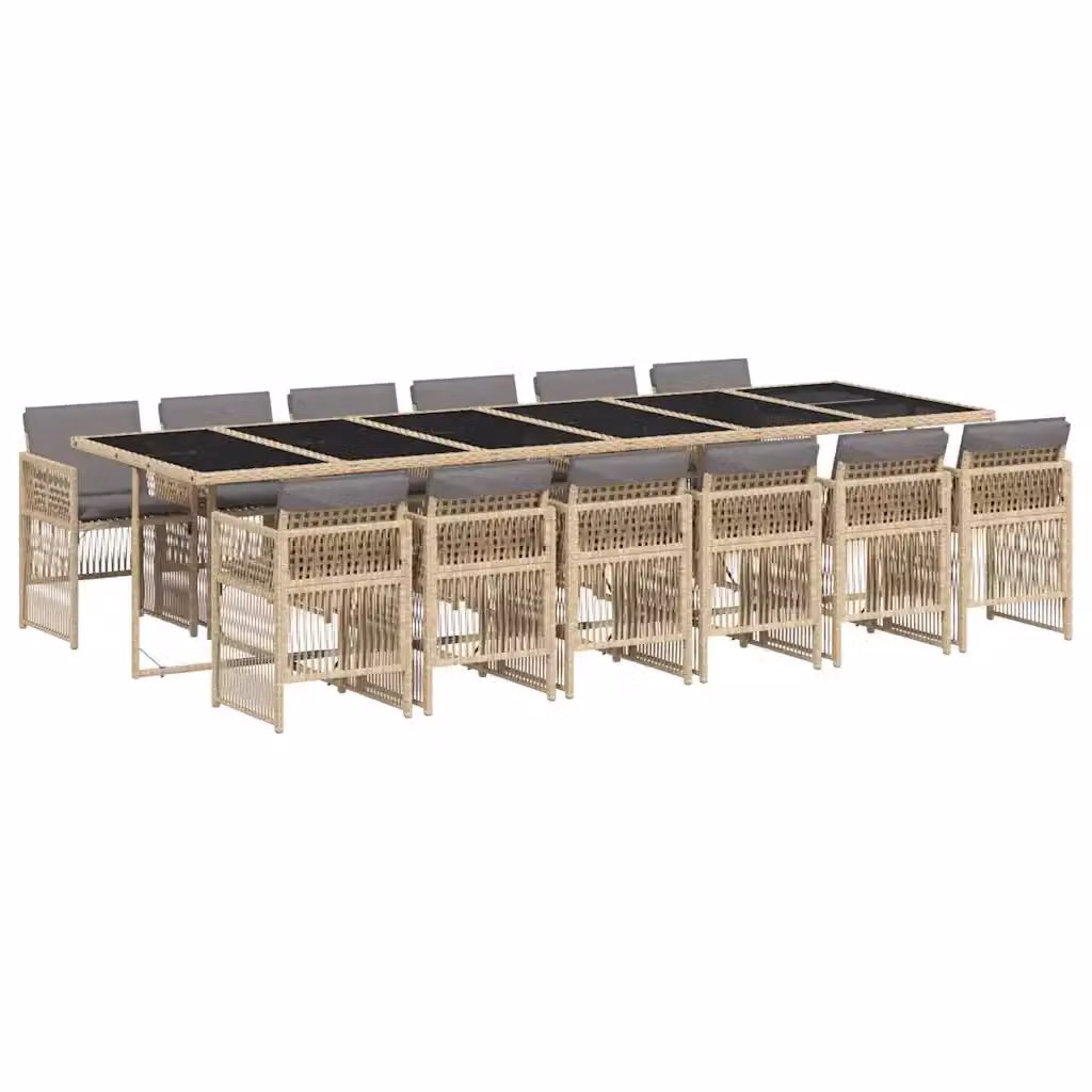 Set Pranzo da Giardino vidaXL in Polyrattan con Cuscini Beige e Tavolo in Vetro, 13 Pezzi – 2