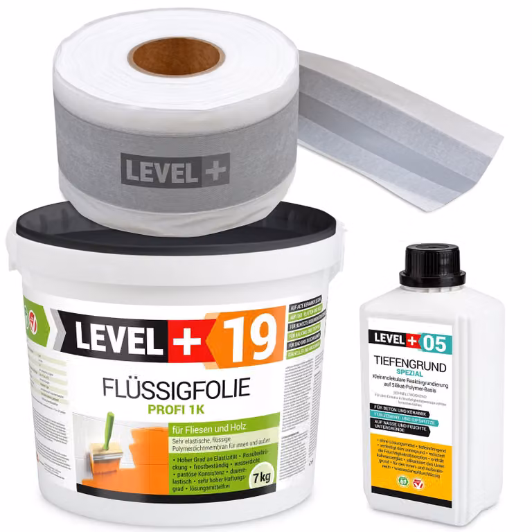 Kit di impermeabilizzazione: membrana liquida da 7 kg, nastro da 5 metri, primer da 1 litro. Adatto per balconi e bagni. Modello: LEVEL+ SET545