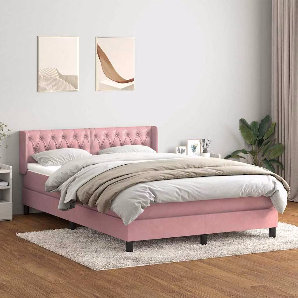 Letto con Giroletto a Molle e Materasso Ibrido vidaXL in Velluto Rosa e Bianco L/P/H: 213 x 147 x 88 cm