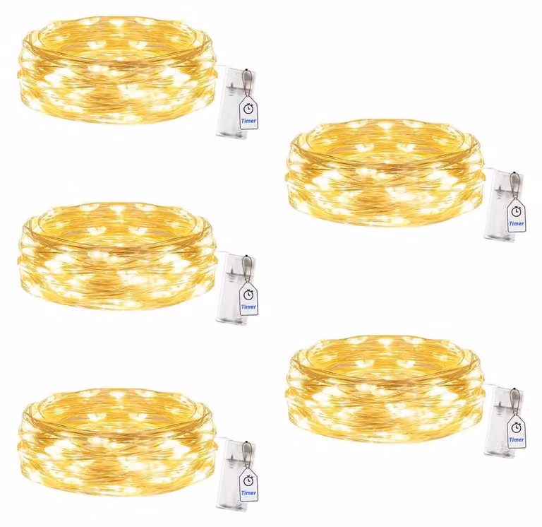 Catena luminosa a LED, 2 metri, 20 LED bianco caldo, con timer, grado di protezione IP65, confezione da 5