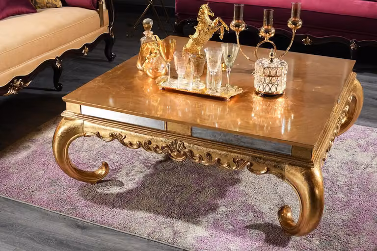 Casa Padrino tavolino barocco oro 128 x 128 x h. 48 cm - Nobile tavolino da salotto in legno massiccio con piano in vetro e vetro a specchio - Qualità lussuosa