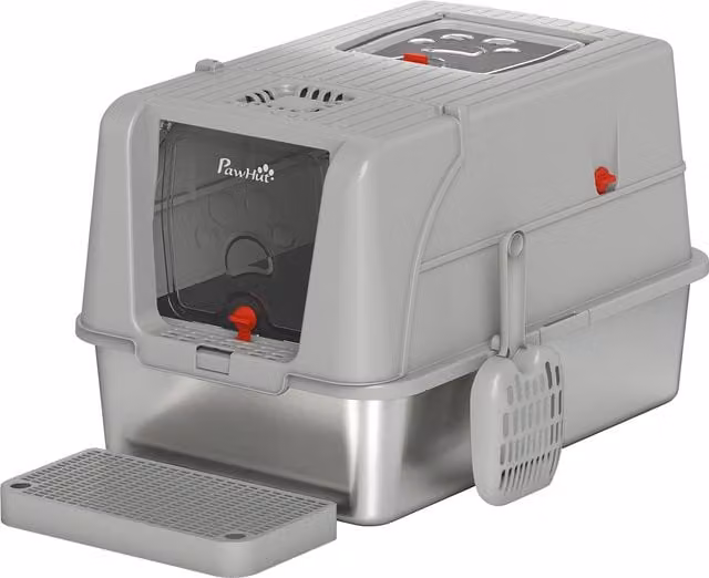 Lettiera per gatto chiusa XL PawHut in acciaio inox con coperchio, gradino raccogli-lettiera e paletta, Grigio Chiaro