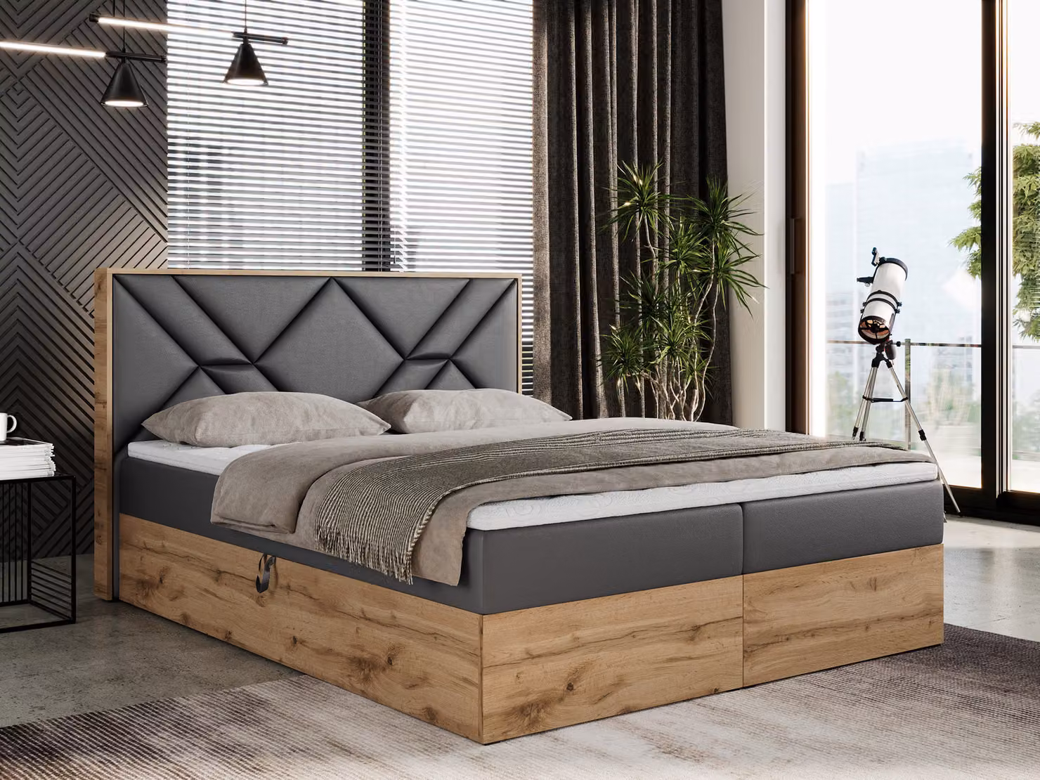 Letto boxspring 180x200 con contenitore, letto imbottito 180x200 con materasso H4, letto boxspring 180x200 con testiera, letto boxspring in legno massello - Gunar - Ecopelle grigio scuro - H4