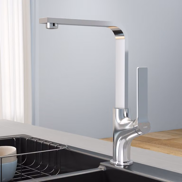Rubinetto da cucina EMKE Rubinetto per lavello Miscelatore monocomando Lavello girevole a 360° Rubinetto da cucina con bocca piatta, ottone cromato