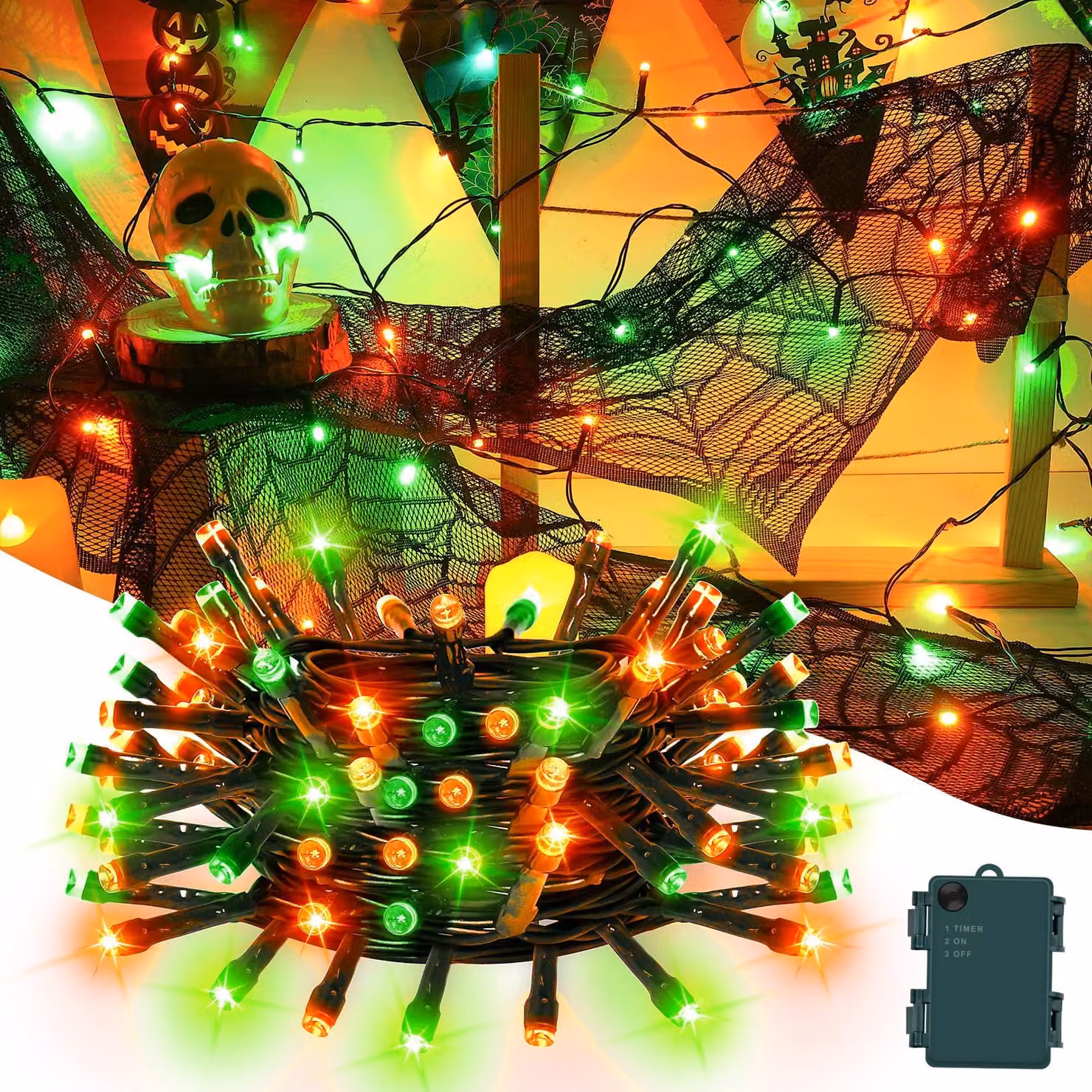 Catena luminosa per Halloween, 5 metri, 50 LED, arancione e verde, grado di protezione IP65, con timer, alimentazione a batteria