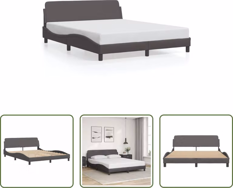 The Living Store Giroletto con testiera grigio 160x200 cm in ecopelle