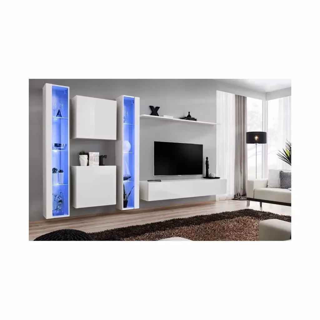Composizione murale SWITCH XVI Meublorama per soggiorno con mobile TV, vetrine LED e mensole, Bianco lucido, L: 330 cm, H: 180 cm, P: 40 cm – 2