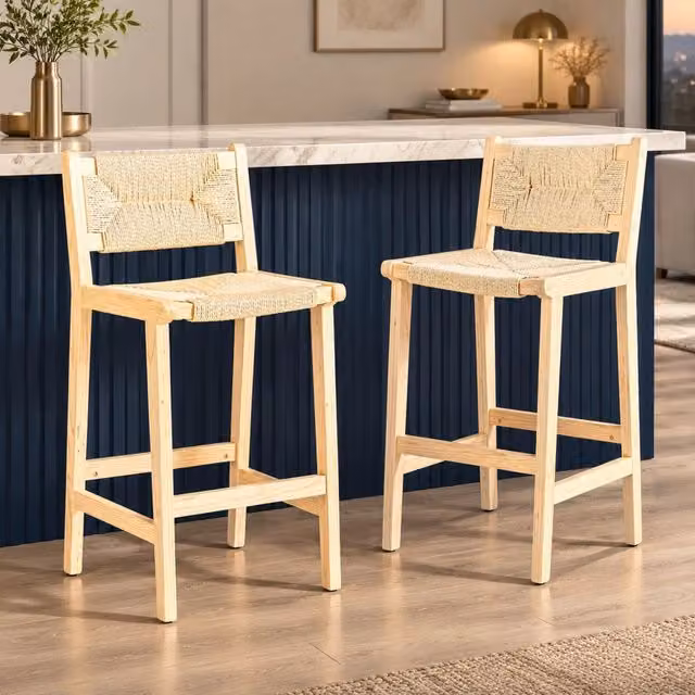 Sgabello da bar MIVRAY in legno con schienale e seduta in corda intrecciata color beige e marrone per cucina e soggiorno