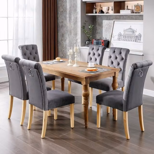 Set di 6 sedie da pranzo in velluto grigio con gambe in rovere