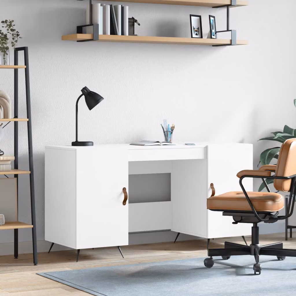 Scrivania bianca vidaXL in legno e metallo per ufficio o camera da letto L 140 x P 50 x H 75 cm
