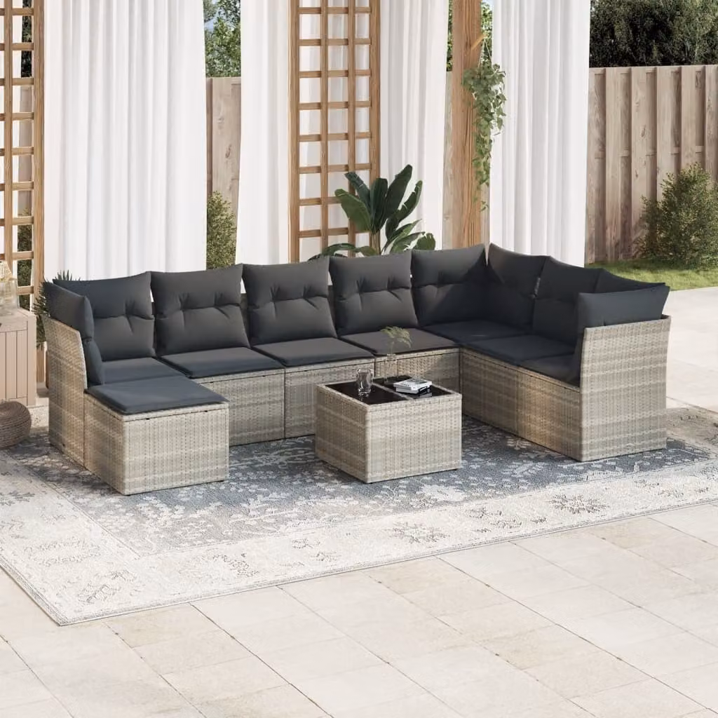 vidaXL Set Divano da Giardino a L in Polyrattan Grigio con Cuscini e Tavolino da 9 Pezzi – 1