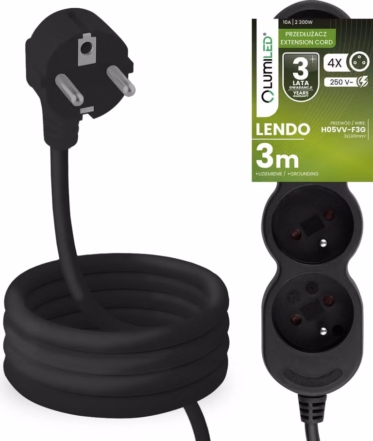 Presa multipla LUMILED Presa multipla 4 volte tipo E, cavo 3m H05VV-F3G nero Presa multipla E 10A 2300W 250V IP20 Staffa per sospensione
