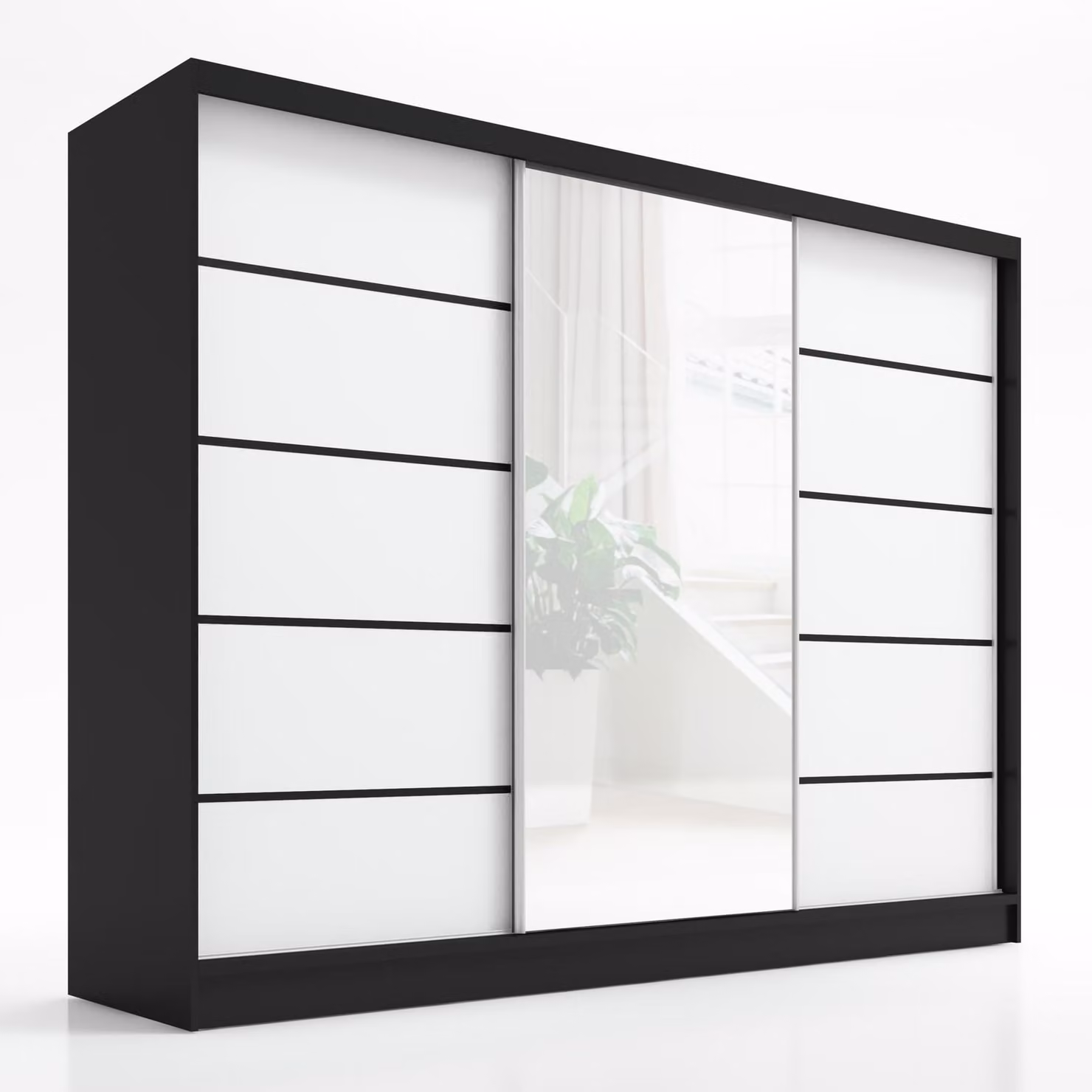 Armadio a porte scorrevoli, a 3 ante, 200 cm con specchio ARIVA 2 (nero, bianco)