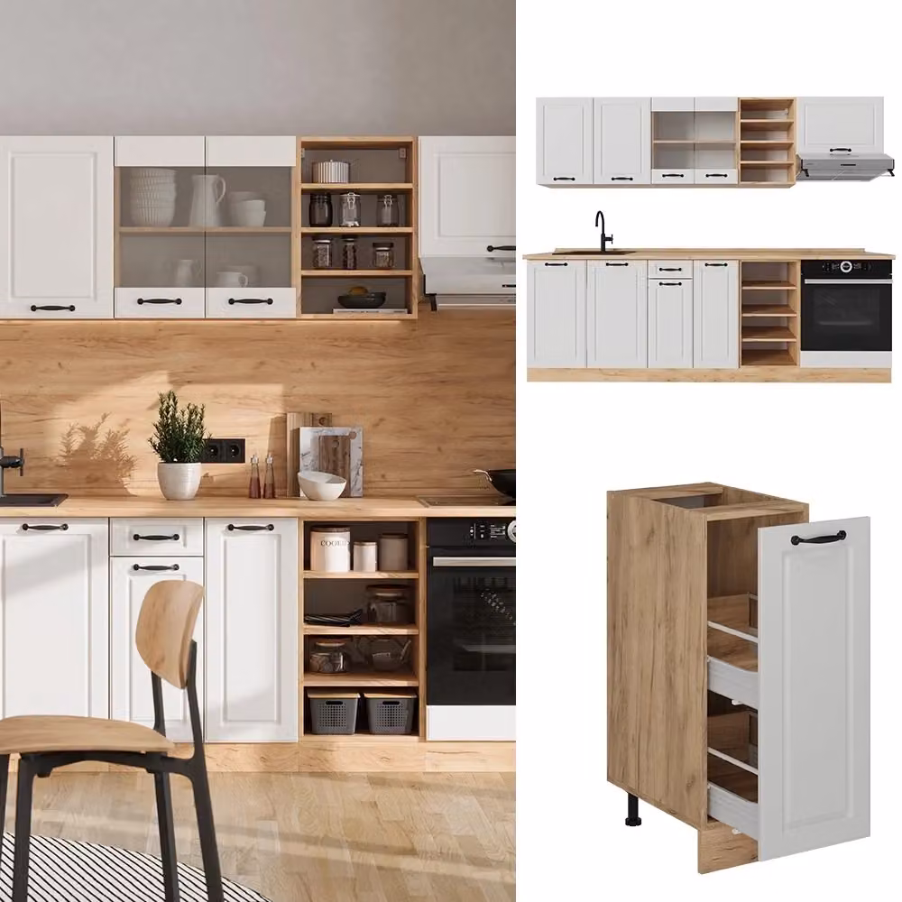 Cucina componibile R-Line Vicco in stile country house, Bianco e Rovere, L: 240 cm, H: 206,8 cm, P: 60 cm – 2